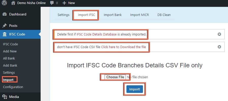 Import IFSC Code CSV Data